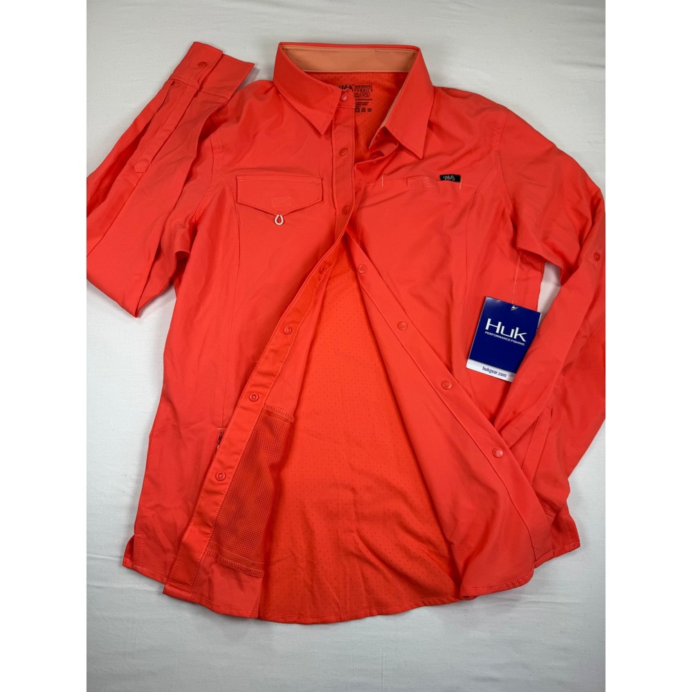 Huk Salty LS Fishing Shirt Womens XS Coral Orange Performance Long Sleeve